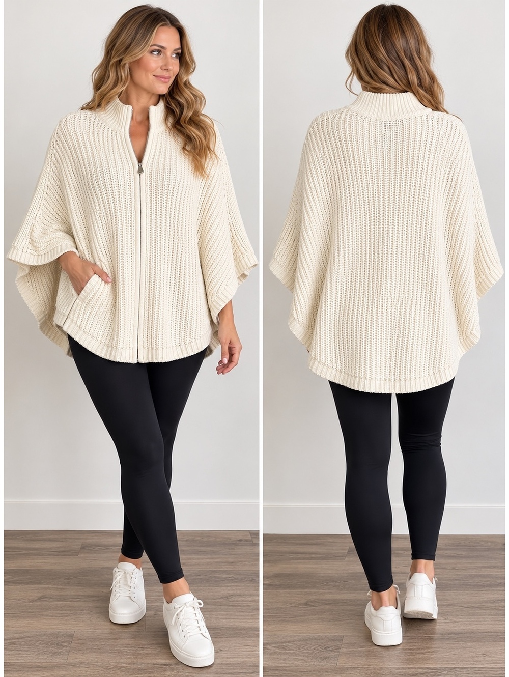 Tommy Hilfiger Zip Up Poncho M/L Cream Chunky Knit Cape Preppy Quiet Luxury